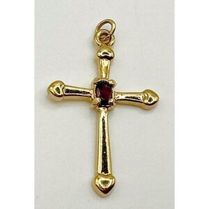 Vintage Gold-Tone Garnet Cross Pendant 1.25" Christian Jewelry